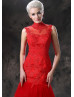 Red Lace Tulle High Neck Mermaid Long Wedding Dress